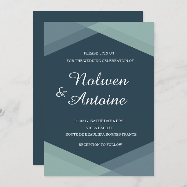 Dark Blue Mint Geometric Elegant Modern Wedding Invitation (Front/Back)