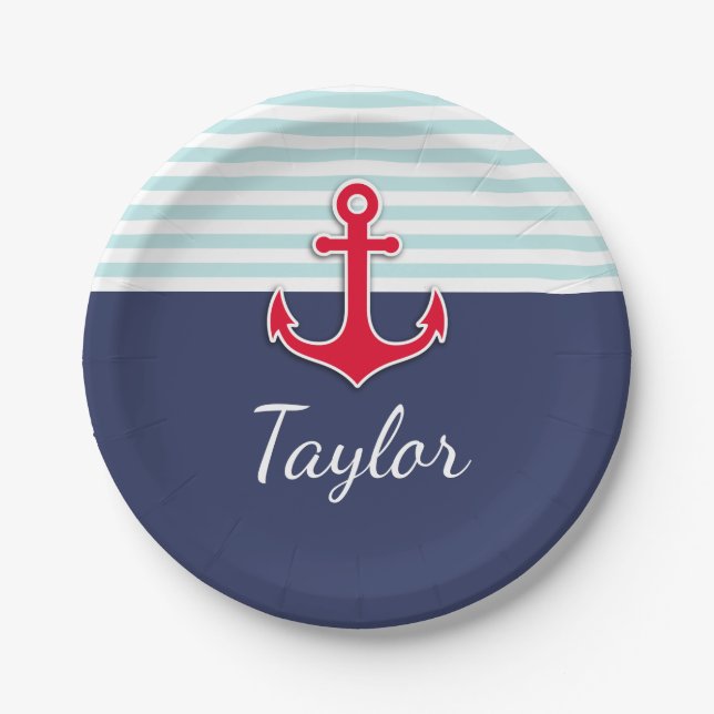 Dark Blue Mint Striped Red Anchor Custom Text Paper Plates (Front)