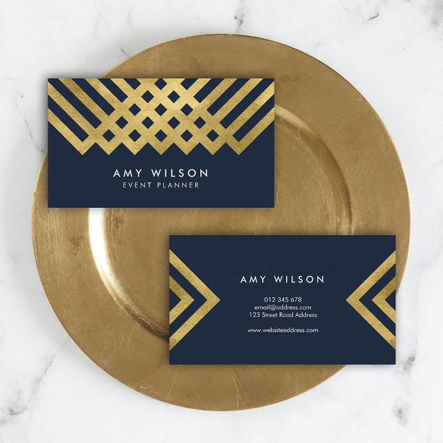 Dark Blue Modern and Faux Gold Geometric Design Business Card (Creator Uploaded)