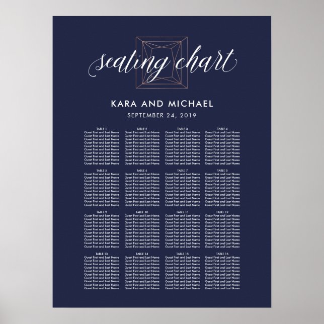 Dark Blue Modern Diamond Wedding Seating Chart (Front)