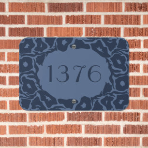 Dark Blue Modern Floral House Number Metal Sign