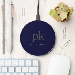 Dark Blue Modern Minimalist Two Letter Monogram Wireless Charger