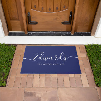 Dark Blue Modern Script Personalized Doormat