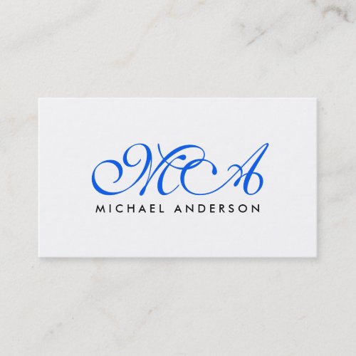 Dark Blue Monogram Elegant Script Plain White Business Card