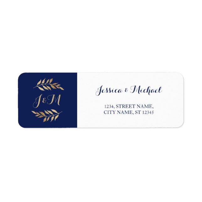 Dark Blue Monogram Leaves Wreath Wedding Label (Front)