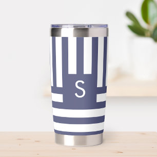 Dark Blue Monogram Striped Custom Coffee Lover Insulated Tumbler