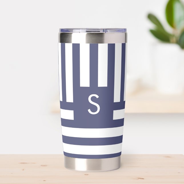 Dark Blue Monogram Striped Custom Coffee Lover Insulated Tumbler (Dark Blue Monogram Striped Custom Coffee Lover Insulated Tumbler)