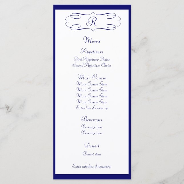 Dark Blue Monogram Wedding Menu (Front)