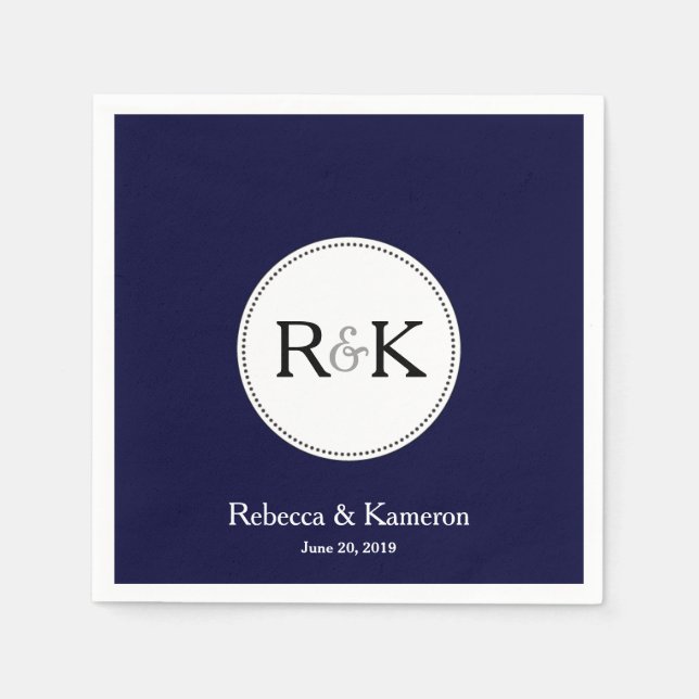 Dark Blue Monogrammed Wedding Paper Napkins (Front)