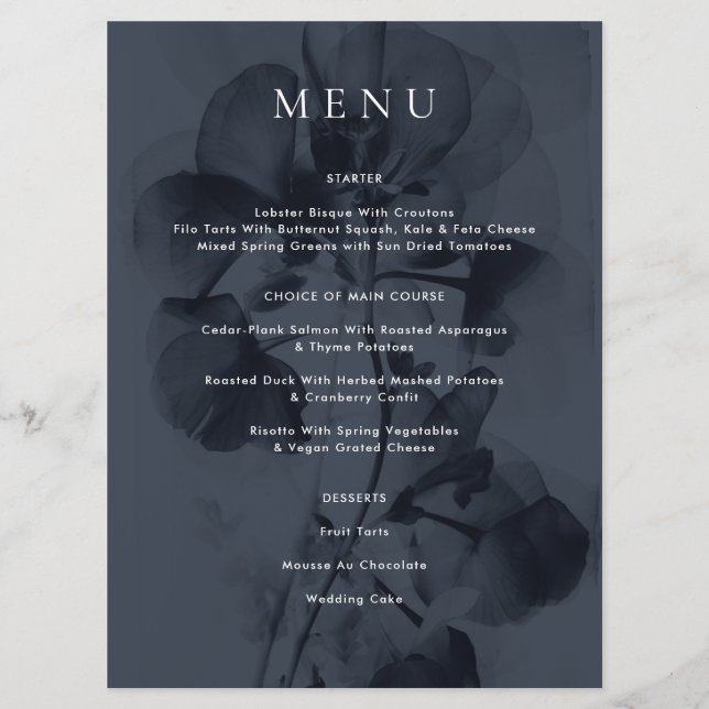 Dark Blue Moody Botanical Overlay Wedding Menu (Front)