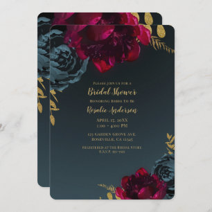 Dark Blue Moody Floral Gold Greenery Bridal Shower Invitation