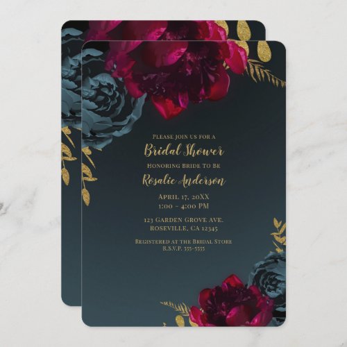 Dark Blue Moody Floral Gold Greenery Bridal Shower Invitation