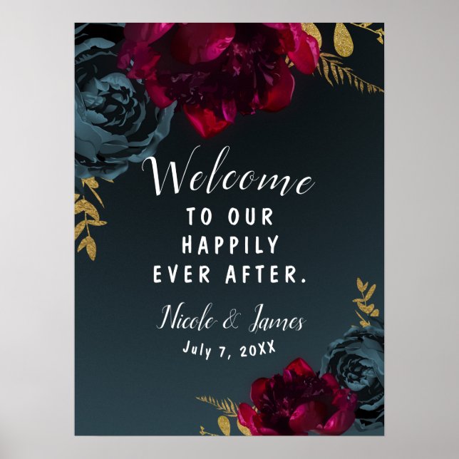 Dark Blue Moody Floral Gold Greenery Wedding Sign (Front)
