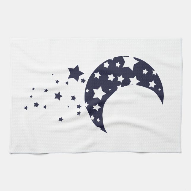 Dark blue moon and stars silhouette magical sky kitchen towel (Horizontal)