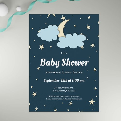 Dark Blue Moon  Stars Elegant Neutral Baby Shower Invitation