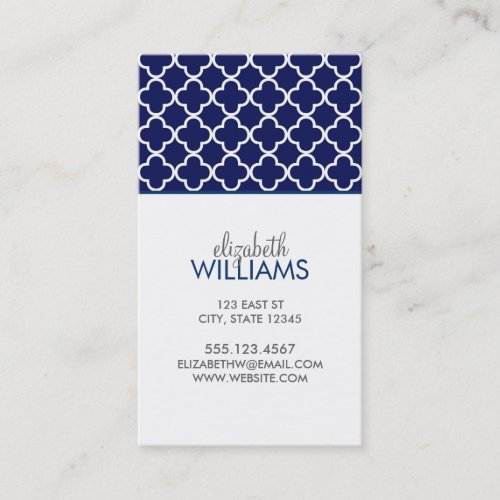 Dark Blue Morrocan Quatrefoil Pattern Business Card