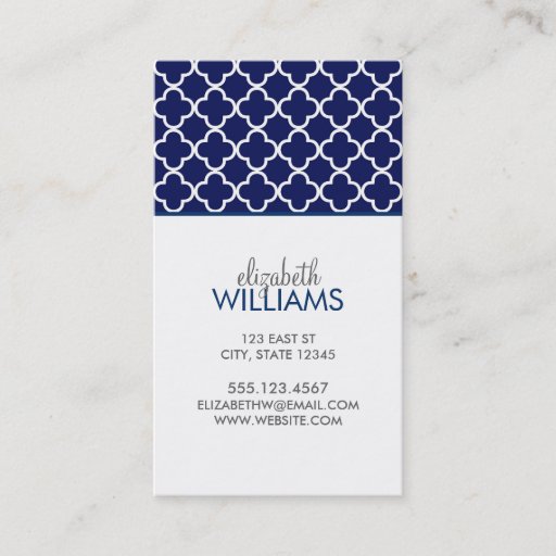 Customizable Dark Blue Morrocan Quatrefoil Pattern Business Card
