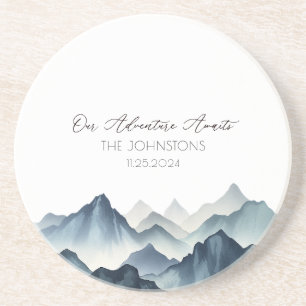 Dark Blue Mountain Landscape Watercolor Wedding Coaster