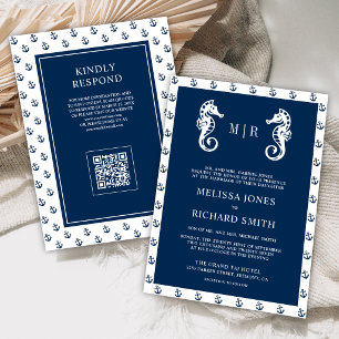 Dark Blue Nautical Anchor Seahorse QR Code Wedding Invitation