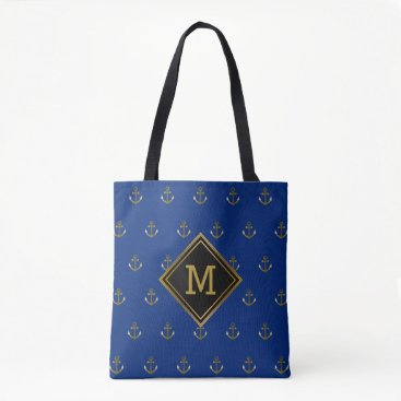 Dark Blue Nautical Navy Gold Anchors Monogram Tote Bag Dark Blue Nautical Navy Gold Anchors Monogram Tote Bag