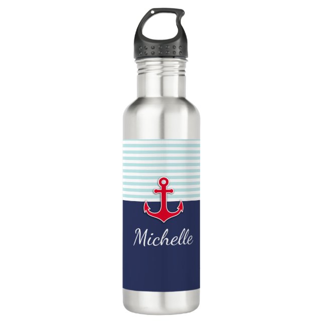 Dark Blue Nautical Red Anchor Personalized Water Bottle (Front)