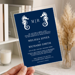 Dark Blue Nautical Seahorse Wedding Acrylic Invitations