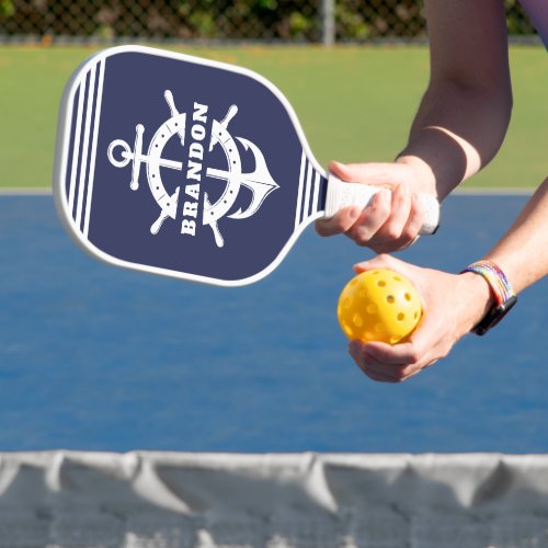 Dark Blue Nautical Stripe Custom Name Anchor Pickleball Paddle