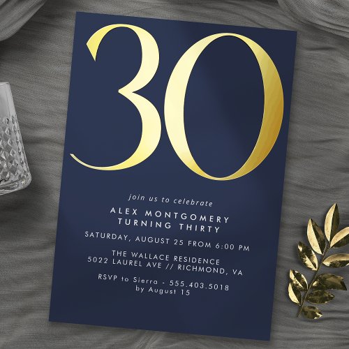 Dark Blue Navy and Gold  Modern 30th Birthday Foil Invitation