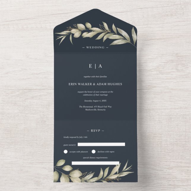 Dark Blue Navy Eucalyptus Wreath Wedding  All In One Invitation (Inside)