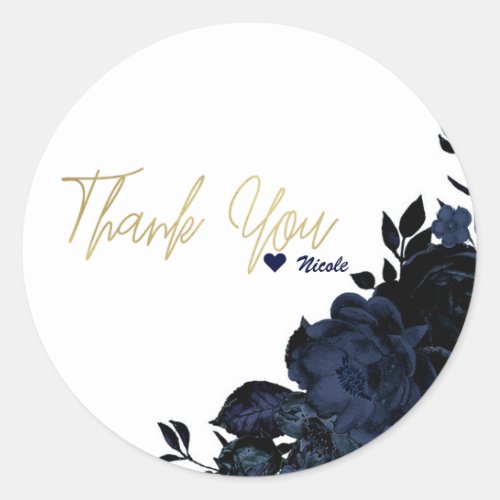 Dark Blue Navy Flowers Floral Gothic Glam Favor Classic Round Sticker