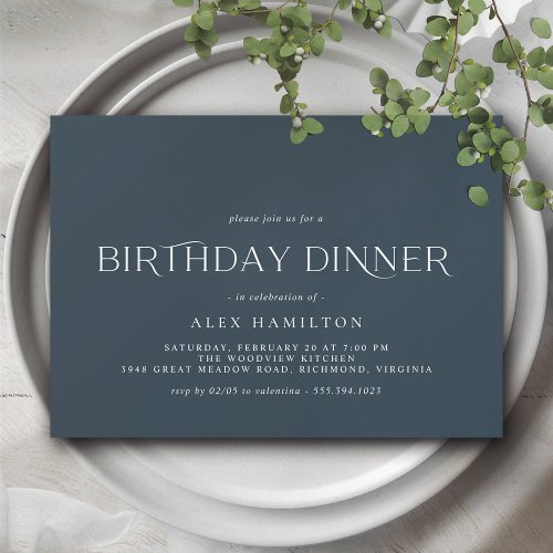 Dark Blue Navy  Formal Minimalist Birthday Dinner Invitation