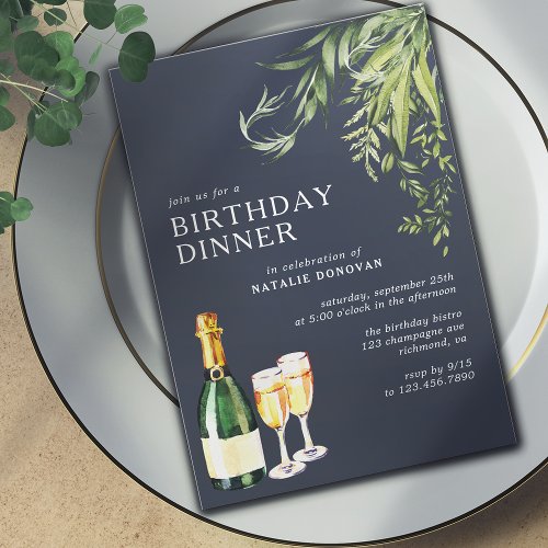 Dark Blue Navy  Modern Champagne Birthday Dinner Invitation