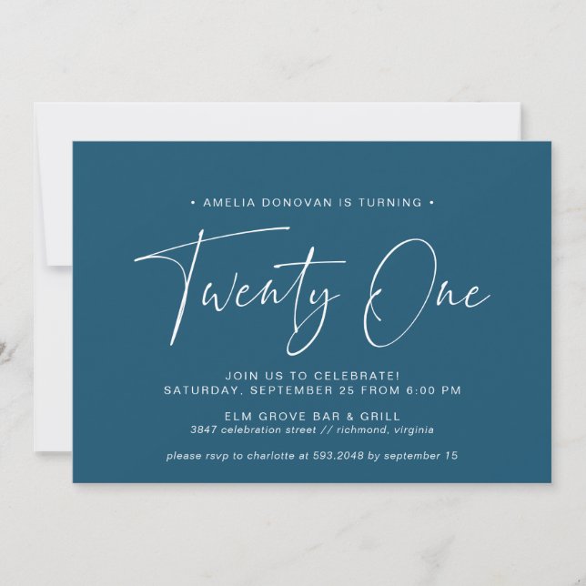 Dark Blue Navy | Simple Script 21st Birthday Party Invitation (Front)