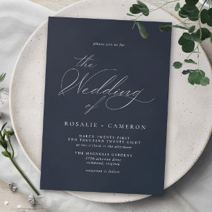 Dark Blue Navy Simple Vintage Script Wedding Invitation