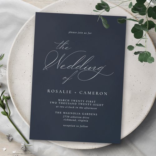 Dark Blue Navy  Simple Vintage Script Wedding Invitation