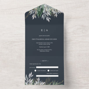 Dark Blue Navy Watercolor Leaves Wedding   All In One Invitation