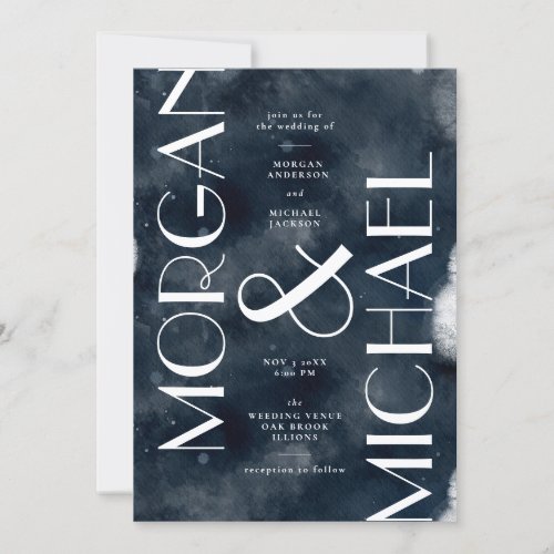 Dark Blue Navy White Modern Gothic Wedding  Invita Invitation