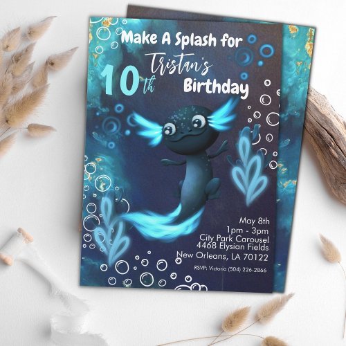 Dark Blue Neon Axolotl Birthday Party Invitation