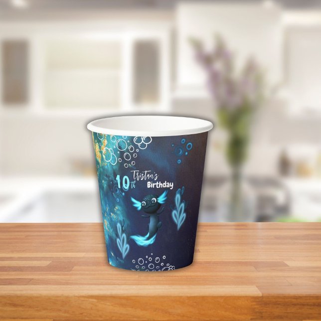 Dark Blue Neon Axolotl Birthday Party Paper Cups (Creator Uploaded)