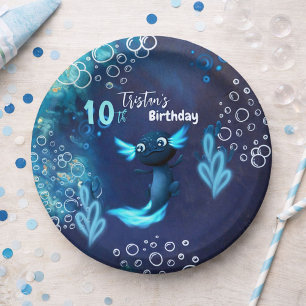 Dark Blue Neon Axolotl Birthday Party Paper Plates
