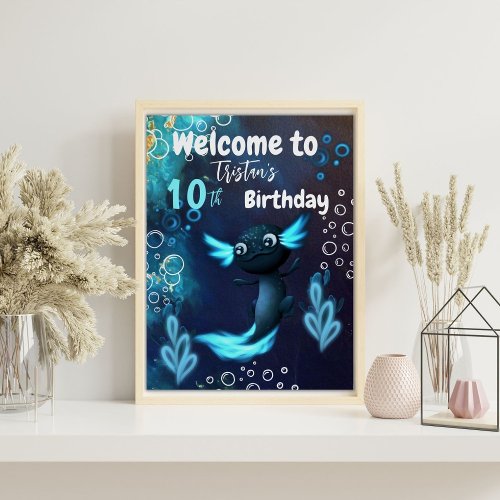 Dark Blue Neon Axolotl Birthday Party Poster
