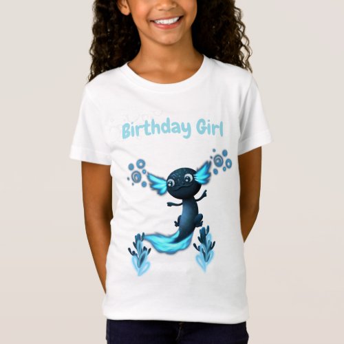 Dark Blue Neon Axolotl Birthday Party T_Shirt