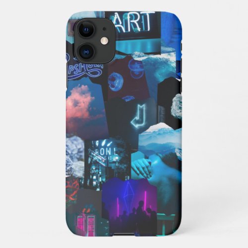 Dark Blue neon urban Aesthetic Collage iPhone 11 Case
