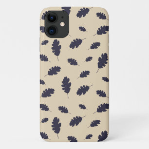 Dark blue oak leaves pattern on beige background iPhone 11 case