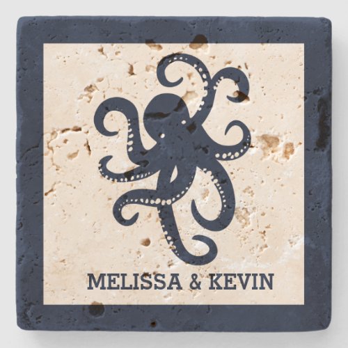 Dark Blue Octopus  Simple Frame Stone Coaster