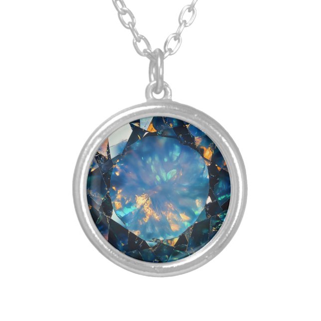 Dark Blue Opal Pattern Silver Plated Necklace (Front)