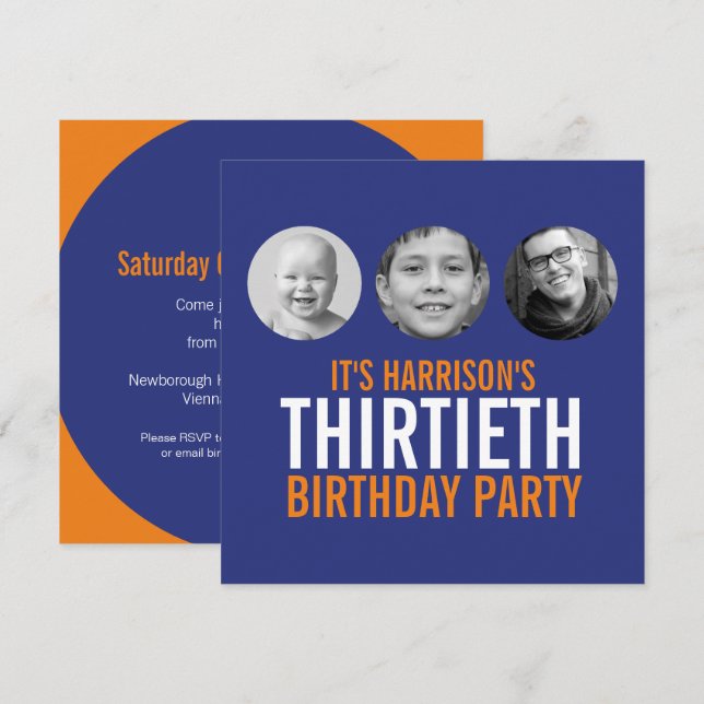 Dark blue orange 30th photo birthday invitation (Front/Back)