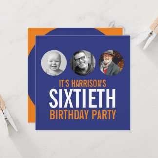 Dark blue orange 60th photo birthday invitation