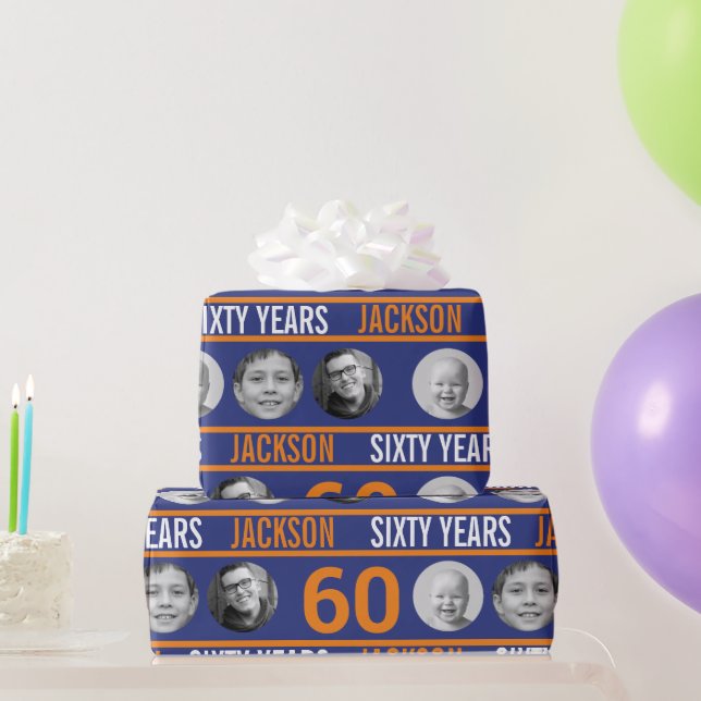Dark blue orange 60th photo birthday wrapping paper (Party Gifts)
