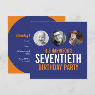 Dark blue orange 70th photo birthday invitation